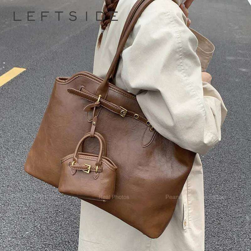 LEFTSIDE Big PU Leather Short Handle Shoulder for Women 2025 Winter Luxury Tote Bag Lady Designer Retro Handbags and Purses Y260204