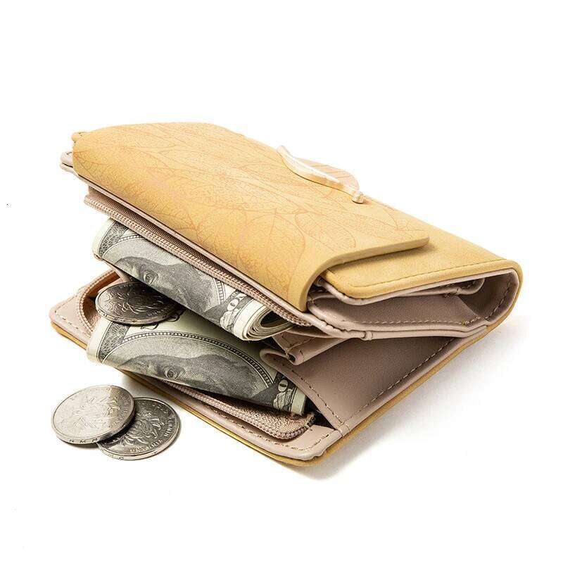 Purse short 2023 new niche design simple retro frosted leaf women's fashion coin purse zipper folding student wall Y260206