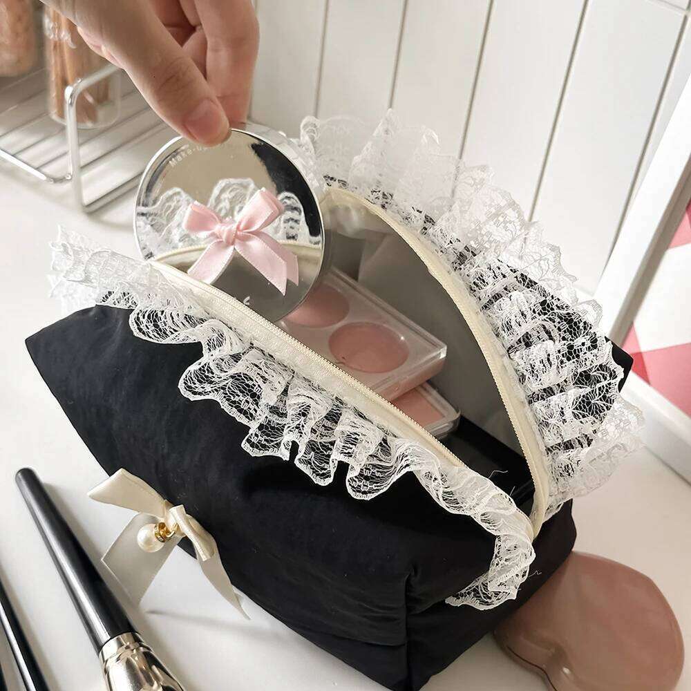 Lace Bow Pearl Mini Organizer Women's Bags Makeup Cute Lipstick Pouch Skincare Small Cosmetics Bag Y260206