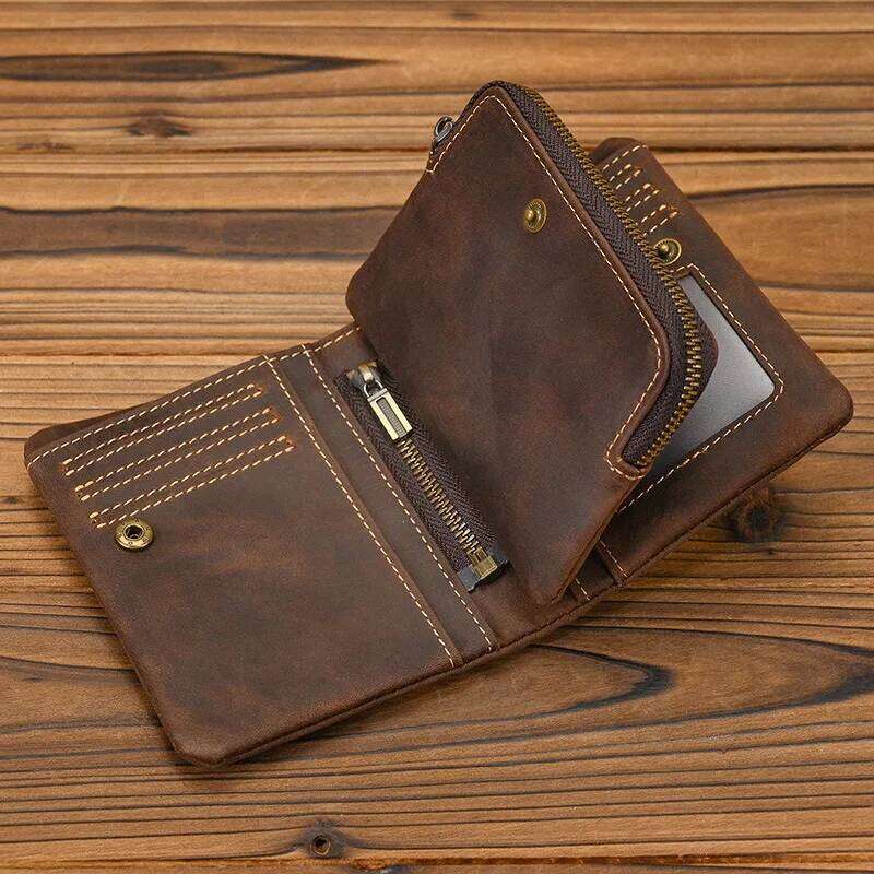 New Vintage Crazy Horse Leather Wallet, Zipper Coin Pocket & Snap Closure, Multi-Card Bifold with RFID Blocking Y260206