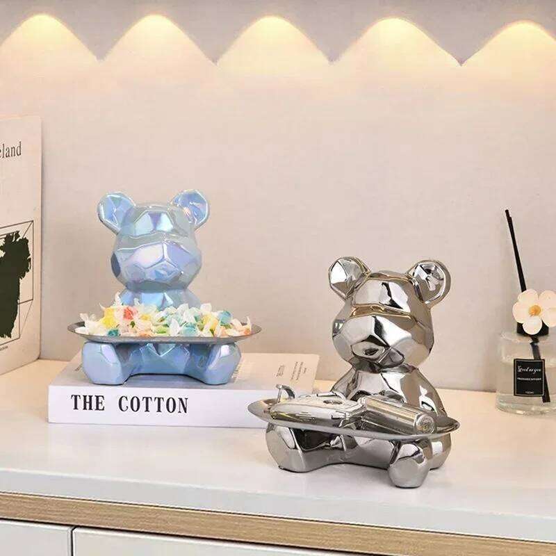 1 piece abstract ceramic electroplated bear with keys, cosmetic storage tray, and piggy bank bookshelf statue decoration. S260204