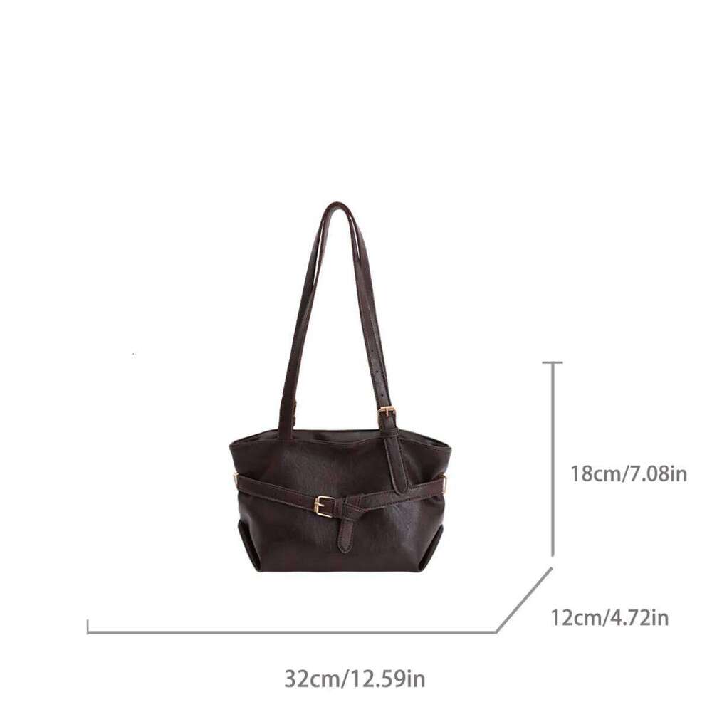Minimalist Vintage Glossy Tote Belt Detail Large Capacity Zipper PU Water Resistant Shoulder Bag for Daily Commute Shopping Y260205