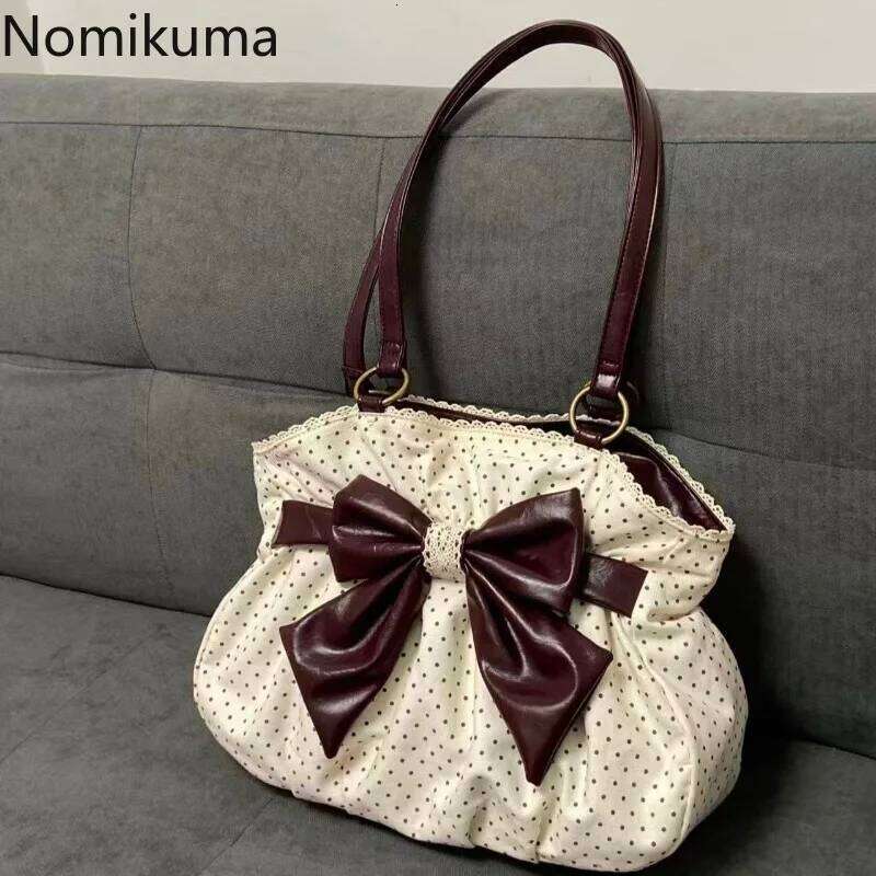 Chic Polka Tote Casual Commuting Vintage Women Handbags Shoulder Versatile Large Capacity Dot Design Bow Sweet Bag Y260205