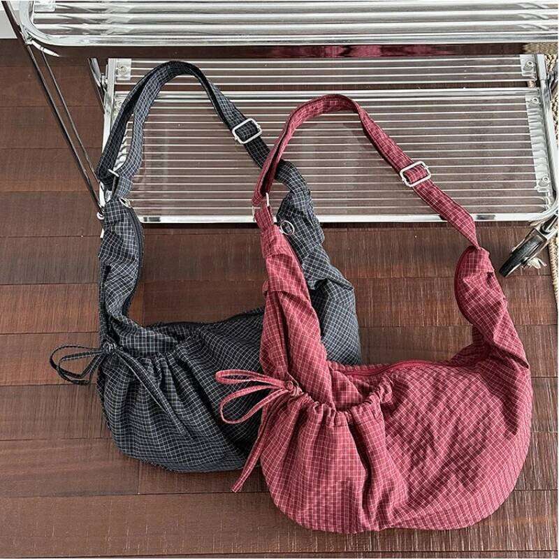 Retro Plaid Hobos Shoulder Bags for Women Drawstring Pocket Nylon Dumpling Large Capacity Portable Travel Messenger Bag Z260207