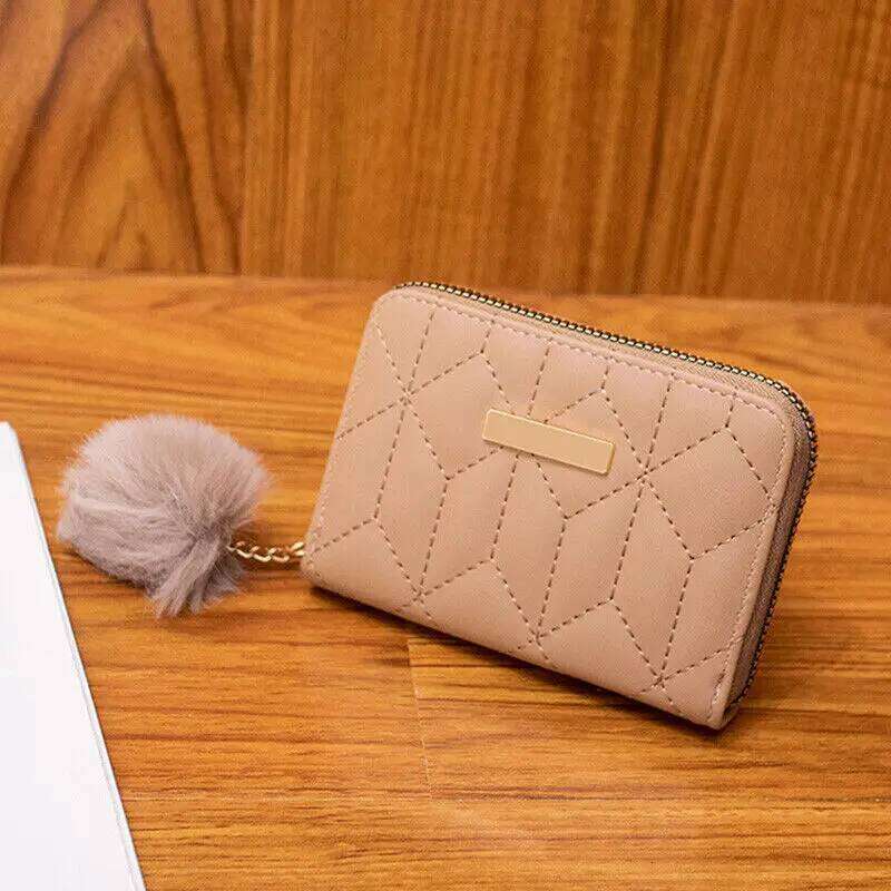 Bifold Purse Compact Size Pompom Ball Small Wallet Genuine Leather Credit Card Holder For Travel Accessory Daily Use Y260206