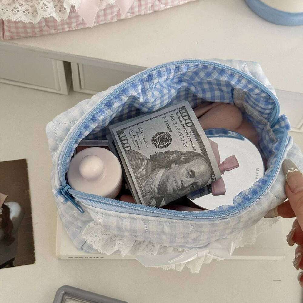 New Fashion Lace Bow Women Makeup Handbag Large Capacity Cosmetic Storage Pouch Portable Travel Organizer Square Zipper Bag Y260206