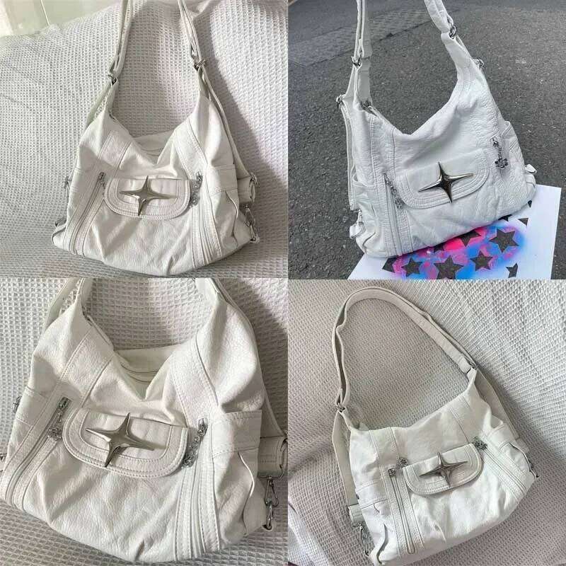 Y2k Large Capacity Shoulder White Pu Leather Star American Style Punk Goth Fashion Simple Designer Handbag Tote Bag Y260205