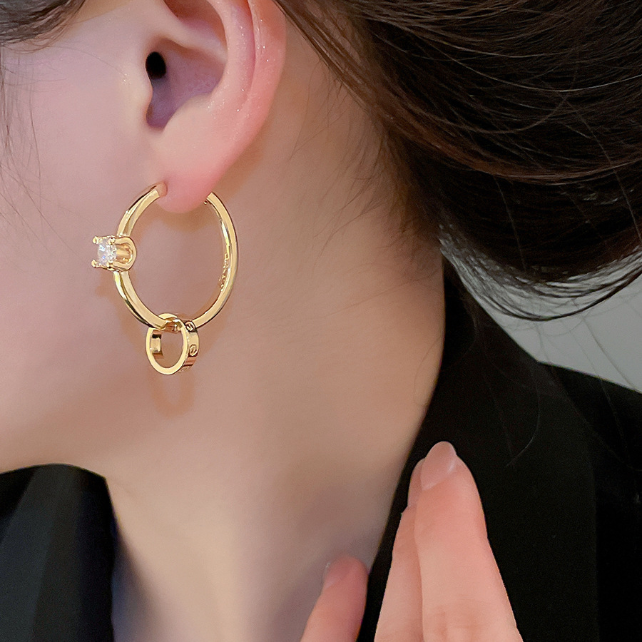 Real gold-plated zircon round earrings, casual, simple, stylish, versatile, light luxury, high-end earrings for women - view 3