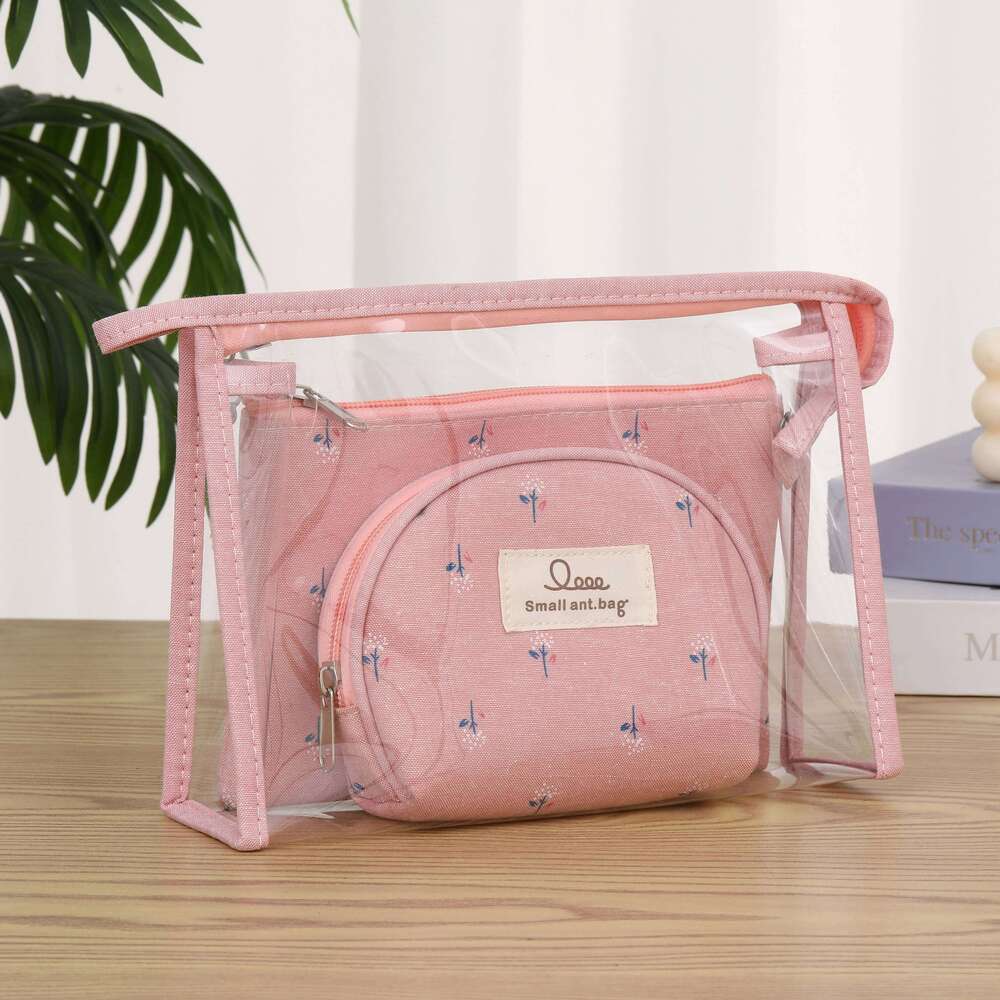 Transparent PVC canvas makeup Redwood and cotton three piece wash set Portable travel ladies' storage bag Y260206