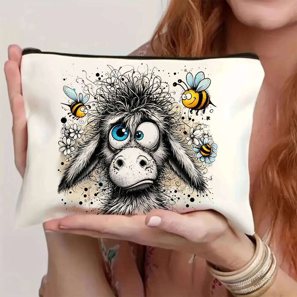 Fun Humorous Donkey Bee Zipper Multi functional Storage Large Capacity Handheld Makeup Portable Cosmetic Bag Y260206