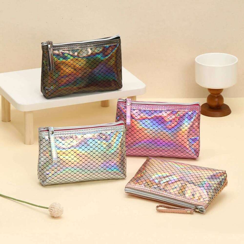 Fashion two-piece waterproof PVC cosmetic Laser fish scale transparent storage beauty Multi functional makeup bag Y260206