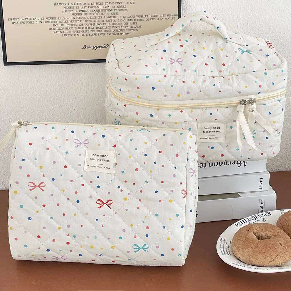 Point Bowknot Fashion Women Quilting Clutch Tote Portable Makeup Cosmetic Storage Handbag Cute Girls Cotton Zipper Bag Y260206