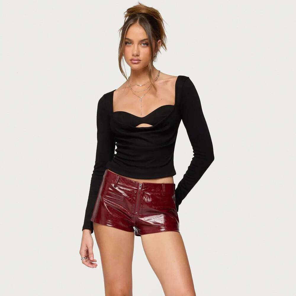 Sexy Red PU Leather Booty Women Low Waist Straight Casual Shorts XJ260206