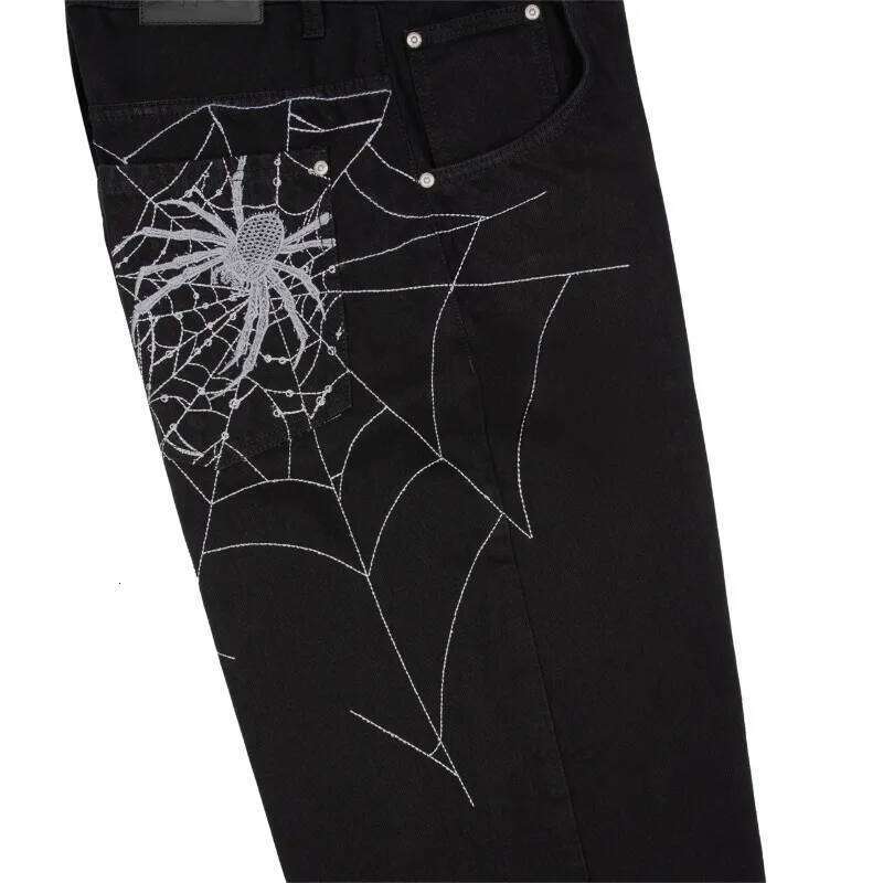 Y2K man Spider web embroidery vintage pattern wide leg pants American style street wear Rock Hip Hop Denim jeans X260207