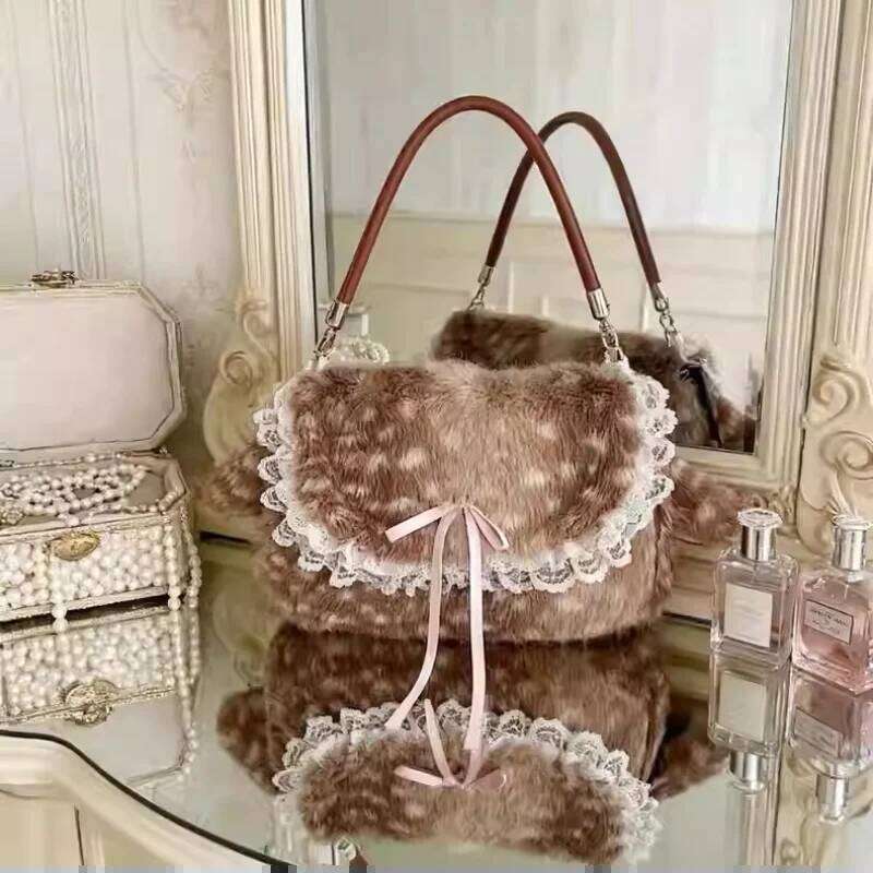Lolita Plush Handbag Cute Lace & Bow Decor Faux Fur Shoulder Vintage Brown Top-handle Spotted Deer Pattern Underarm Bag Y260205