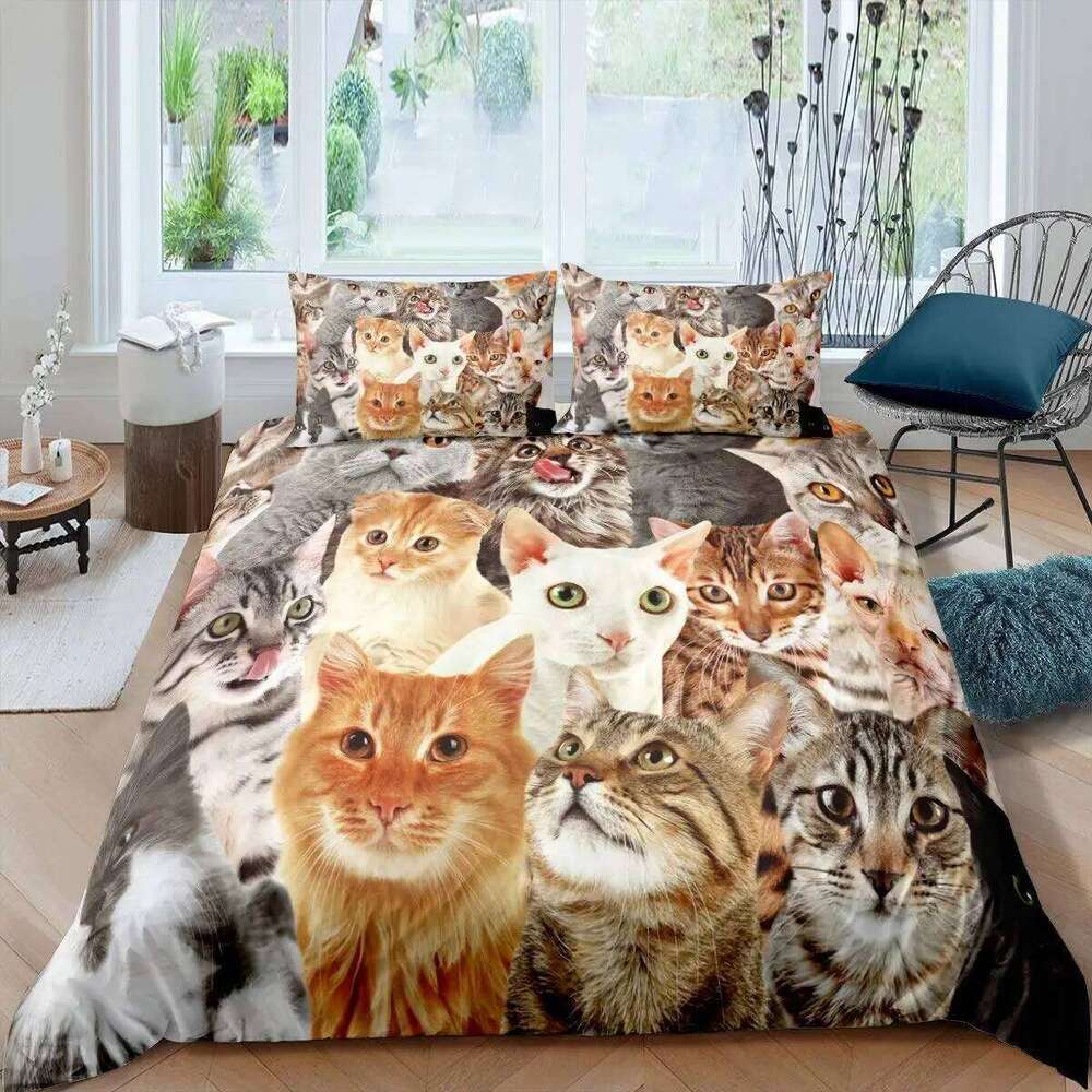 Cute Cat Duvet Boys Girls Adults Animal Printed Bedding Set Theme Comforter Cover Pet Quilt Covers with Pillowcase XJ260206