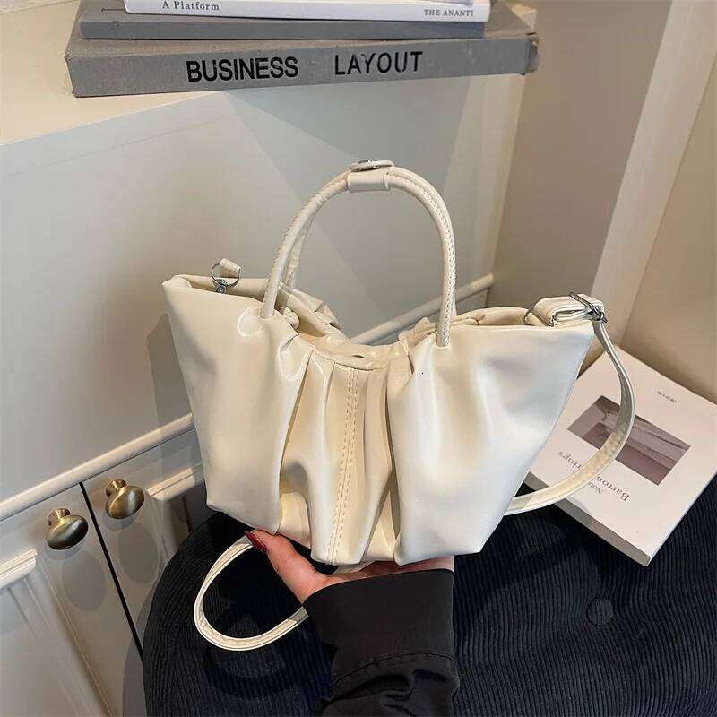 Vintage Pleated Design Women PU Leather Shoulder Bags Solid Color Ladies Small Bucket Tote Simple Female Crossbody Bag Handbag Y260205