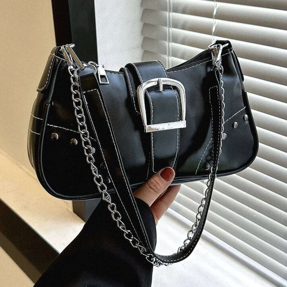 Female Grunge Shoulder Motor Gothic Y2k Chain Handbags Luxury White PU Lether Small Cool Purse Vintage Underarm Bag Z260207 - view 4