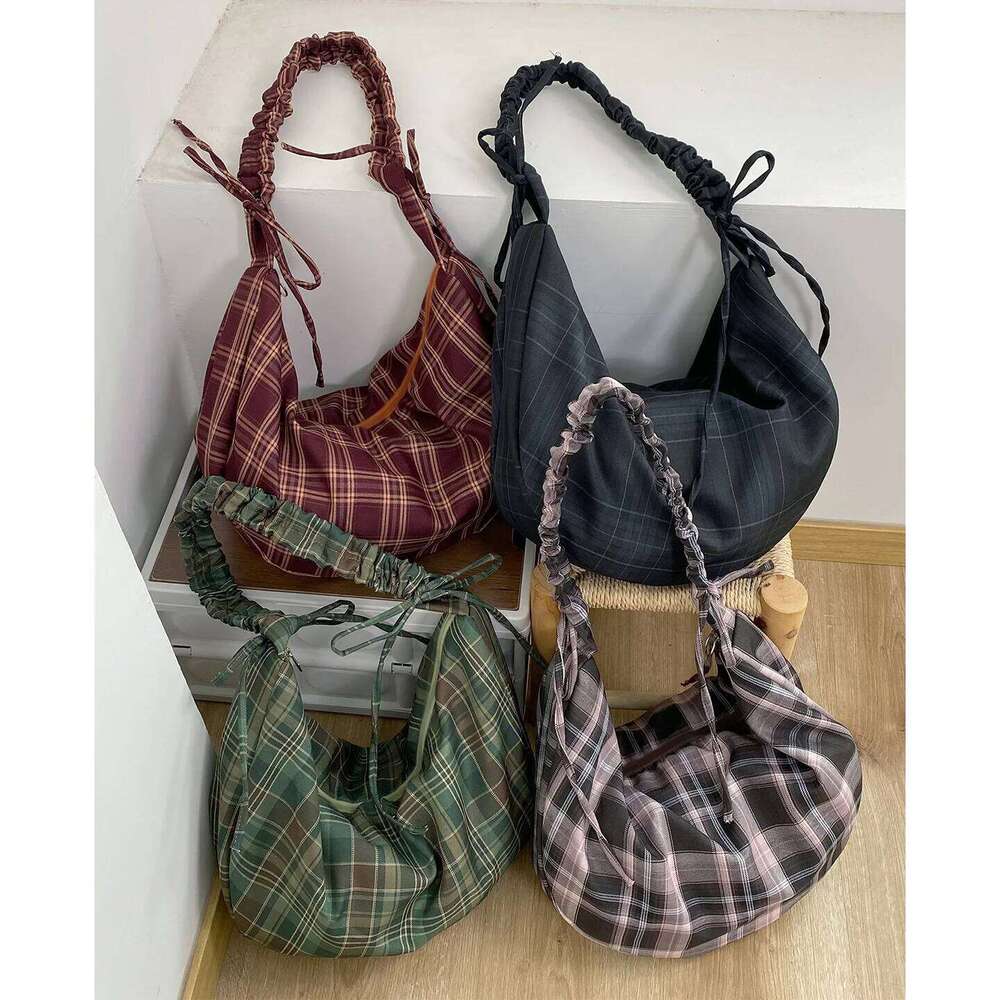 Autumn Vintage Plaid Shoulder Bags for Women Large Capacity Ladies Underarm Crossbody Bag Casual Girls Drawstring Tote Handbag Y260205