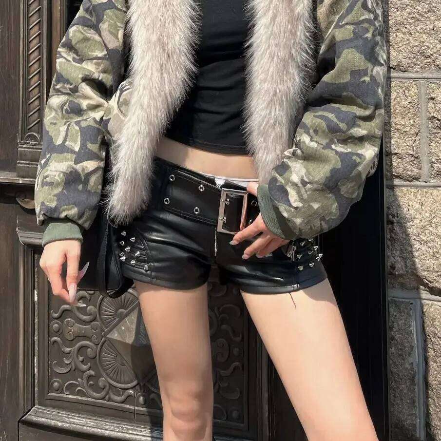 Y2k Sexy Low Waist PU Leather Rivet Super with Belt Boots Booty Shorts Women Retro Nightclub XJ260206