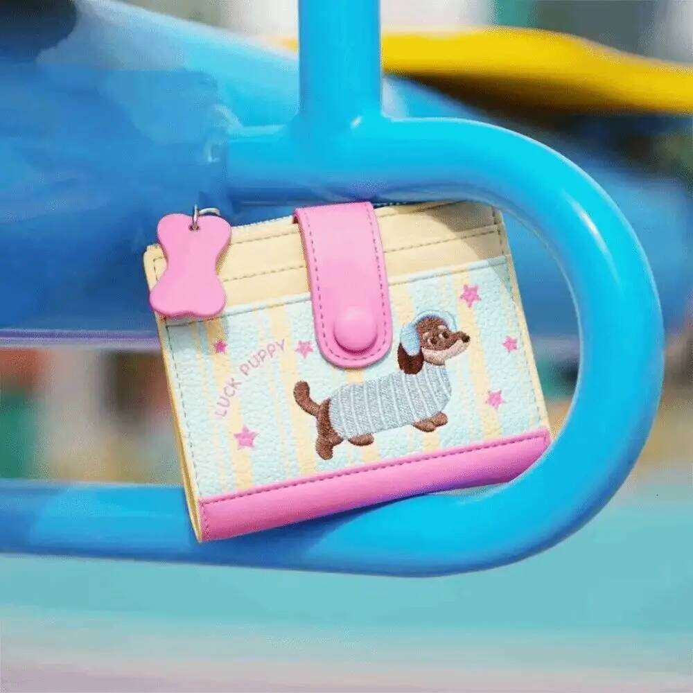 Sweet Dopamine Color Dachshund Embroidery Coin Purse Pouch Card Cartoon Pu Wallet Zipper Ins Small Item Bag Children Y260206