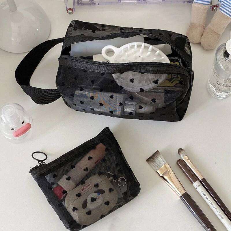 1Pcs Fashion Clear Mesh Cosmetic Women Heart Mini Makeup Lipsticks Storage Pouch Poratble Travel Toiletry Zipper Bag Y260206