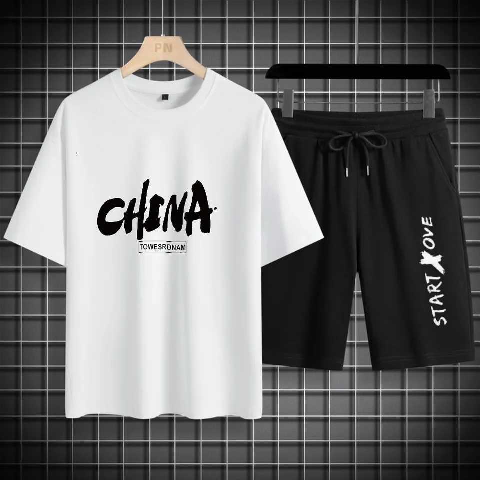 Mens T-shirt Shorts Suit Casual Fashion Short Slve Track and Field Suit Two-piece Set Mens Clothing Thin Dry Casual C260207