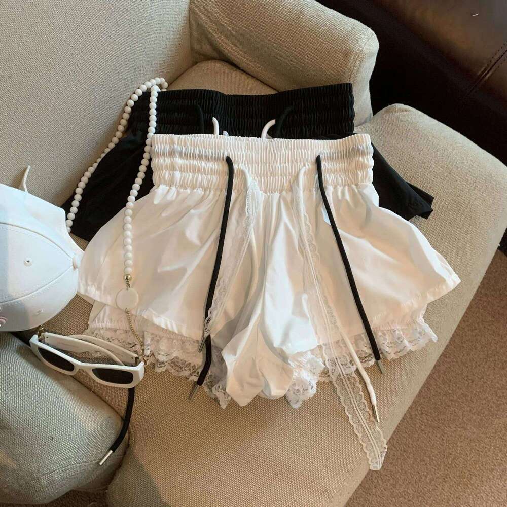 Women's Patchwork Fake Two-piece Lace High Elastic Waist Drawstring A-shaped Casual Shorts Pants XJ260206