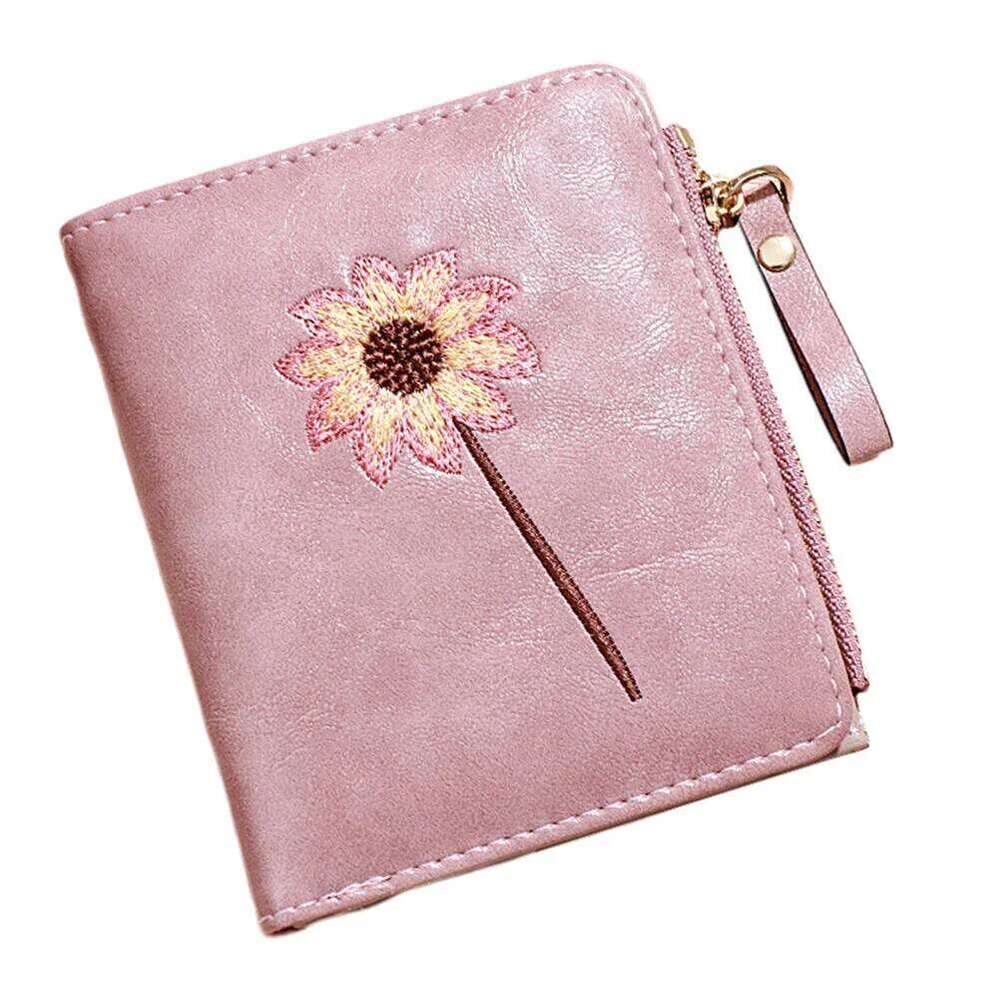 Pink Flower Pattern Bifold PU Wallet Zipper Purse for Women Multi Card Cash Holder Compact Design Birthday Gift Y260206