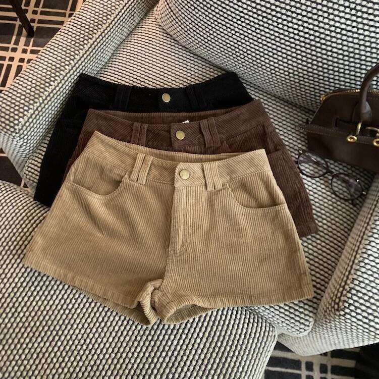 Women's Autumn Winter Corduroy Shorts Lady Solid Color High Waist Zip Fly Short Pants XJ260206