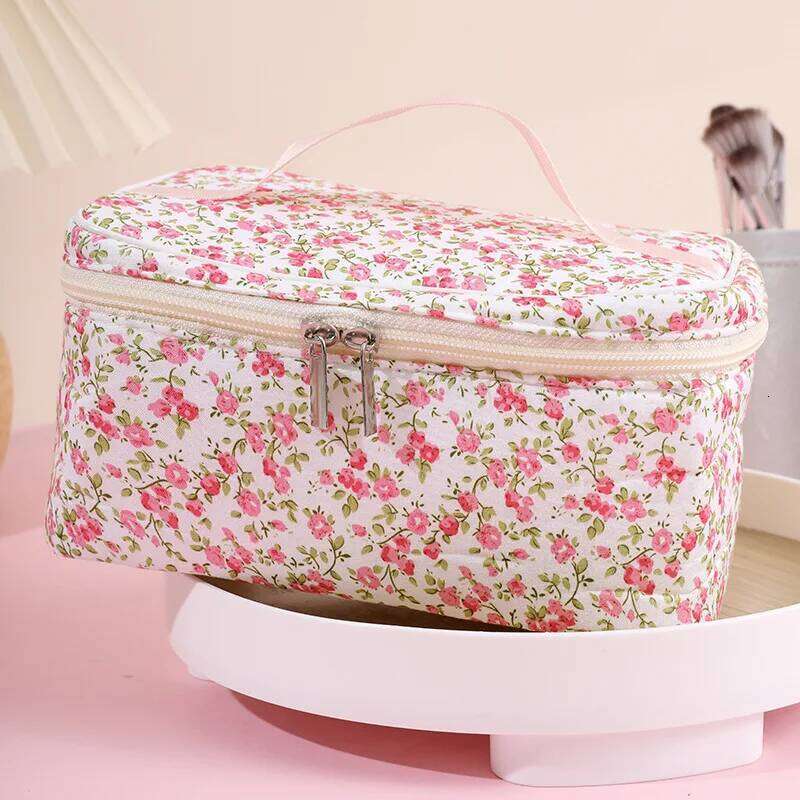 Women's Fashion Floral Square Makeup Storage Portable Toiletry Cosmetic Pouch Handbag With Handle Ladies Zipper Clutch Bag Y260206