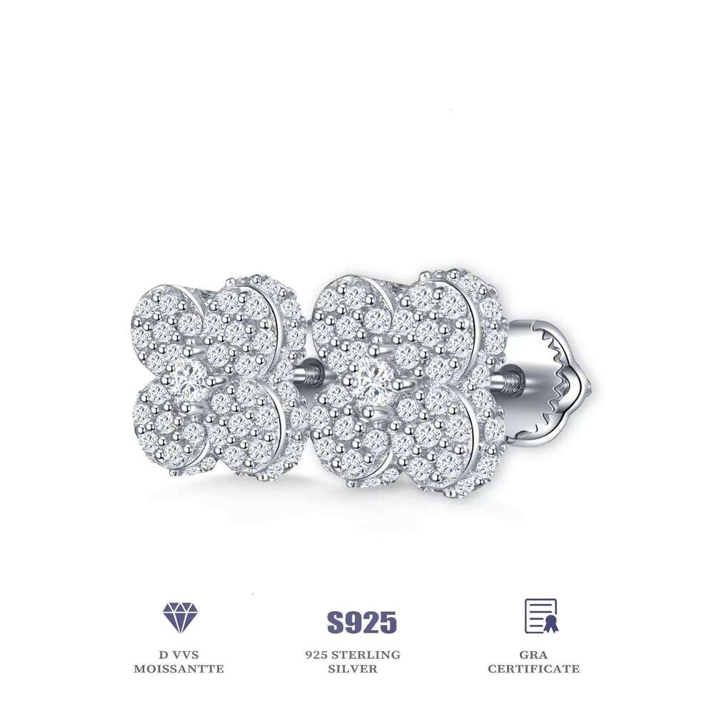 Rhodium Plated S925 Sterling Silver Clover Fine Moissanite Luxury Lab Grown Diamond Custom Women Stud Earrings