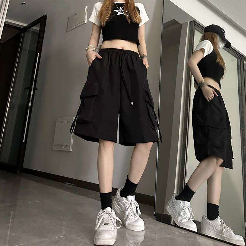 2026 Women High Waist Cargo American Style Streetwear Summer Wide Leg Pants Fashion Female Big Pocket Loose Shorts New XJ260206