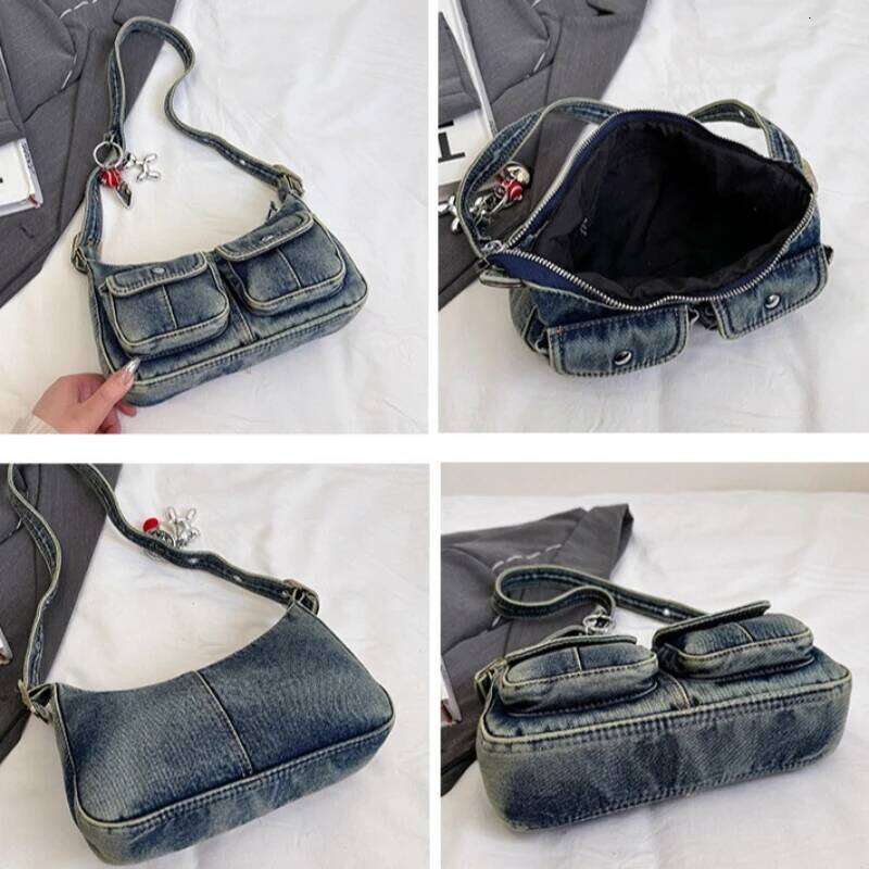 Vintage Denim Shoulder Underarm Bags for Women Portable Spicy Cool Girl Y2K Handbag Double-pocket Design Ladies Armpit Bag Purse Y260205