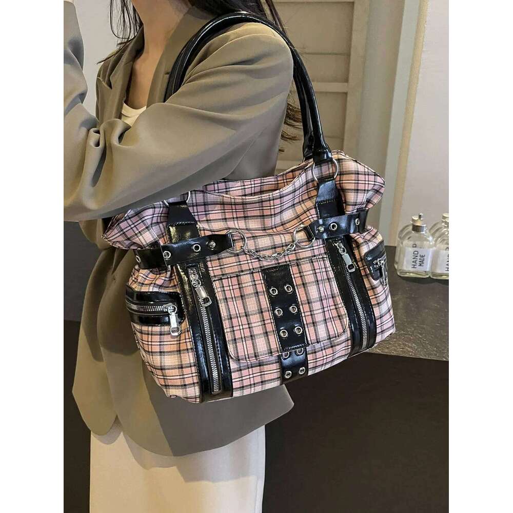 Fashion Trend Grid Gothic Punk Large Capacity Tote Bag2026Canvas Casual Commuter Versatile Shoulder Bag Bolsa De Un Hombro Mujer Z260207