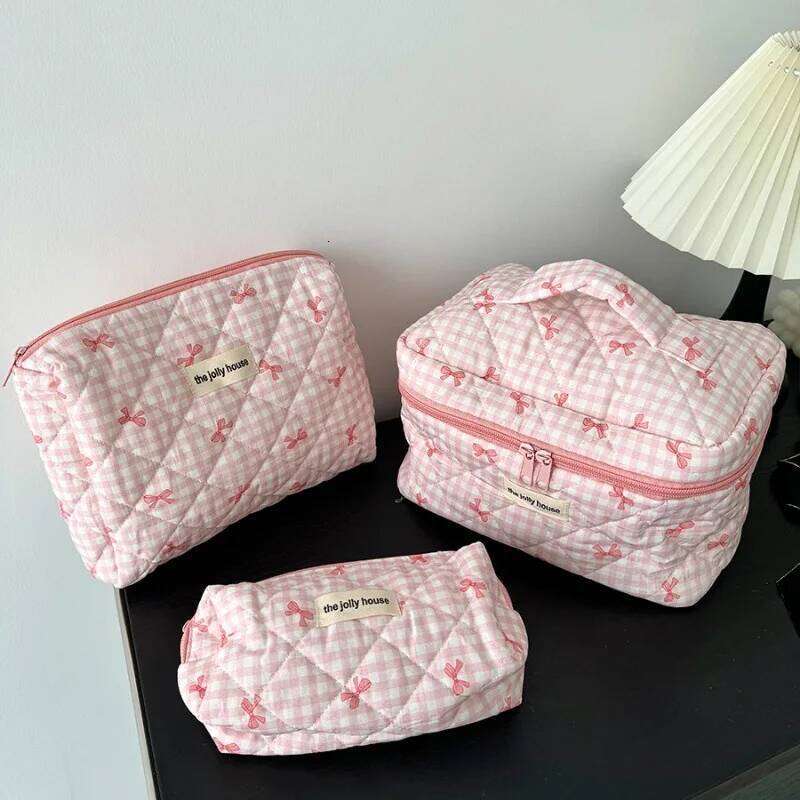 3pcs Quilted Cute Makeup Bag Set Travel Cosmetic Organizer with Handle for Toiletry Beauty Essentials Multiple Patterns Y260206