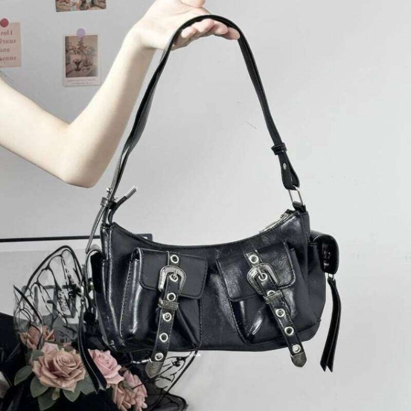 Locomotive Y2K Cool Hot Girls Shoulder Bags Portable Multi-Pocket Underarm Bag for Women Solid Color Pu Leather Female Handbags Y260205