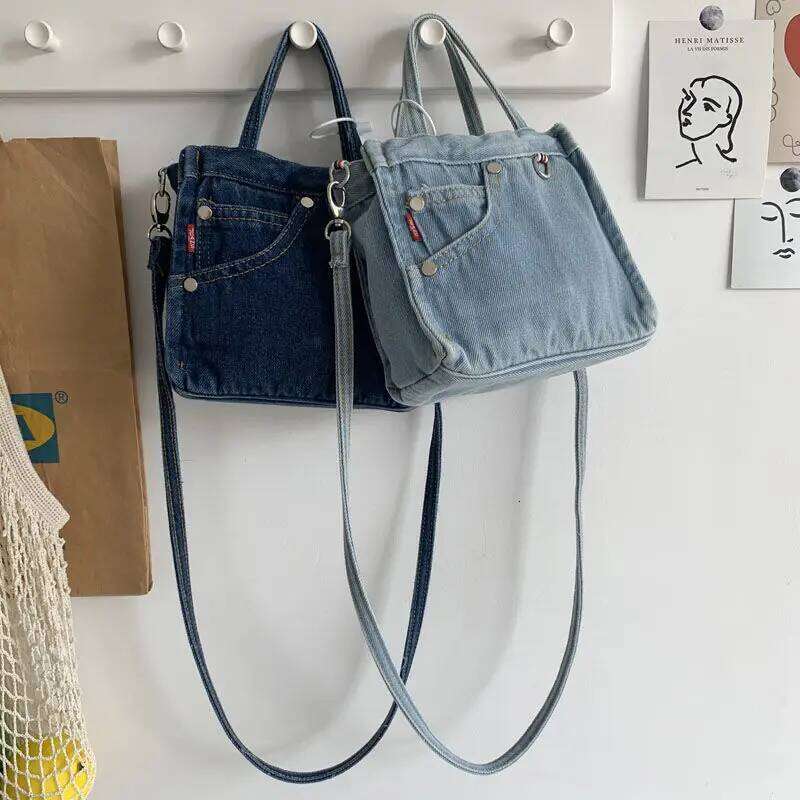 Simple Design Women's Denim Shoulder Messenger Bag Solid Color Ladies Handbags with Pocket Vintage Female Girls Small Tote Bags Y260205
