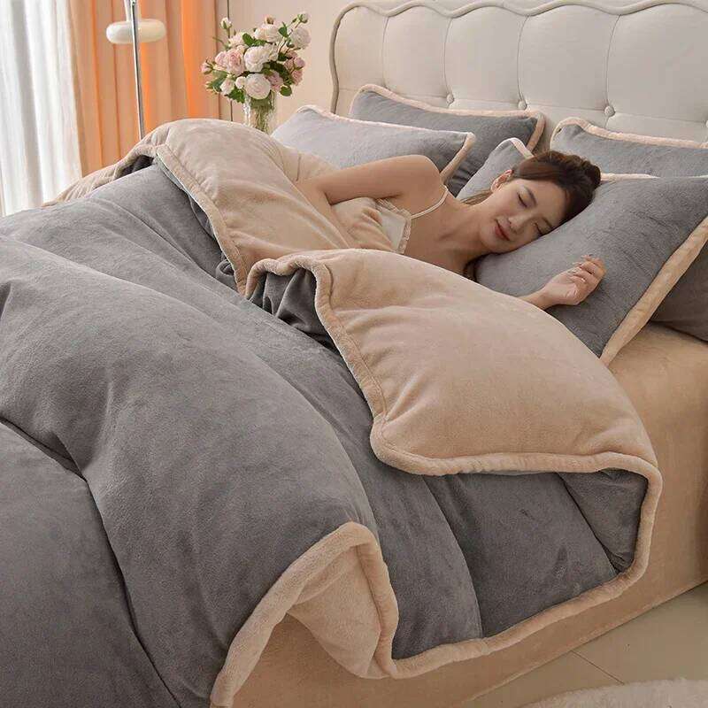 Simple wind milk one-piece set thickened coral solid color bed sheet quilt cover single piece fleece winter XJ260206
