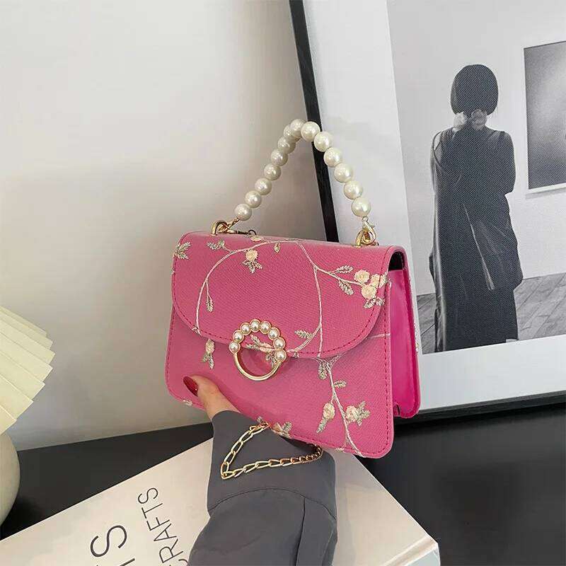 Fashionable Pearl Handbag Women Stylish Lace Chain Single Shoulder Bag, Synthetic Leather Small Square Bag for Daily Use Y260205