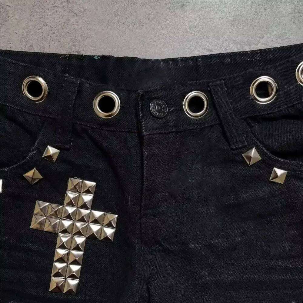 Women's Punk Studded Shorts - Cross Rivet Detail Lace-Up High Waist Ripped Black Streetwear Summer Hot Pants Y2K EMO XJ260206