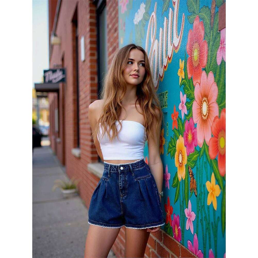 Denim Dark Blue Shorts Womens Pleated Skort Office Lady Elegant Chic Button Classic Short Pants Slimming Feminine College Preppy XJ260206