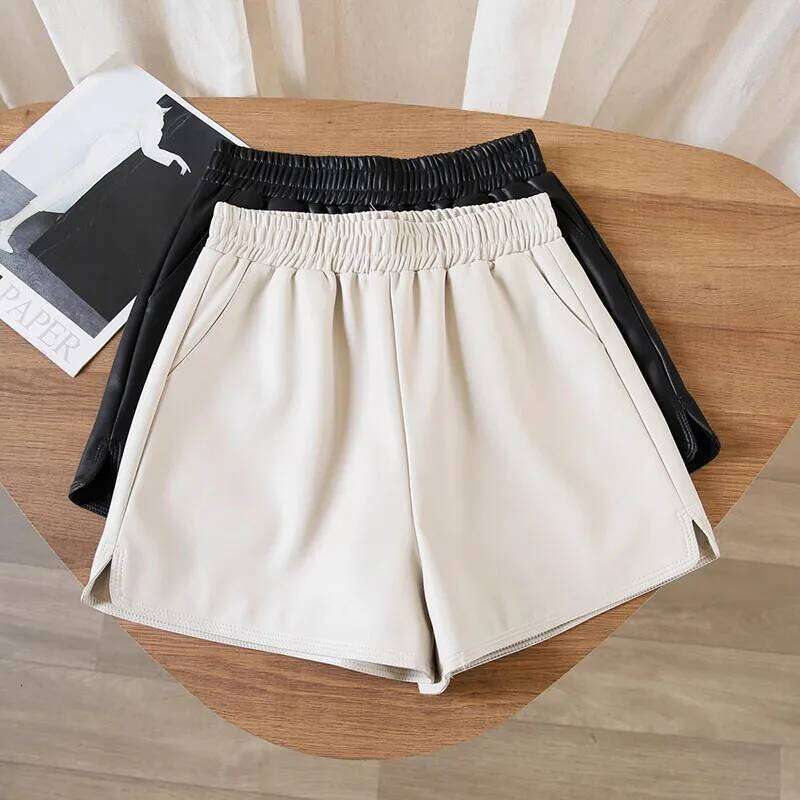 Autumn Winter Women's High-Waisted Slimming PU Leather Black A-Line Pants Loose Wide-Fitting Boots Over-Sized Shorts XJ260206
