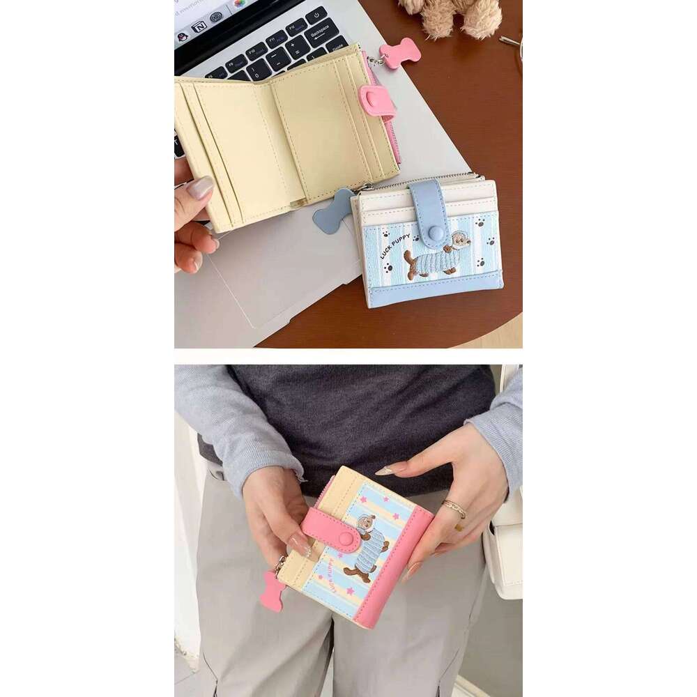 Ins Dachshund Embroidery Short Wallet Dopamine Color Zipper Card Cartoon Dog PU Small Item Bag Women Girl Y260206