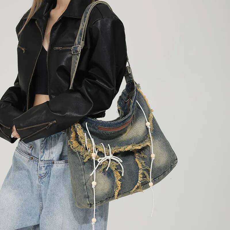 New Denim Zipper Large Capacity Shoulder Casual Crossbody 2026 Fashion Trend Versatile Sewing Thread Commuting Bags Z260207 - view 6