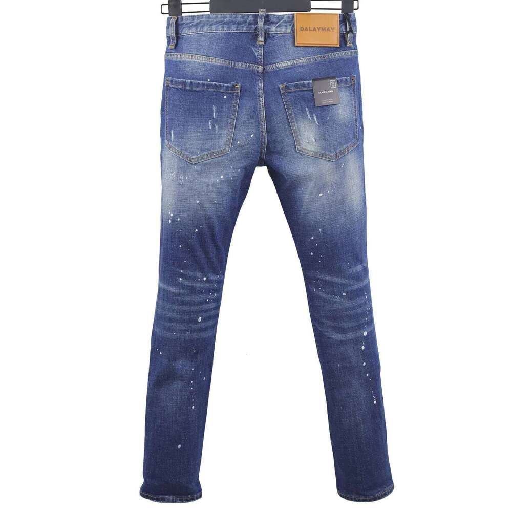 6054 Four Seasons New D2 Jeans Washed Ripped Patch Paint All-match Trendy Men's Foot Blue X260207 - view 3