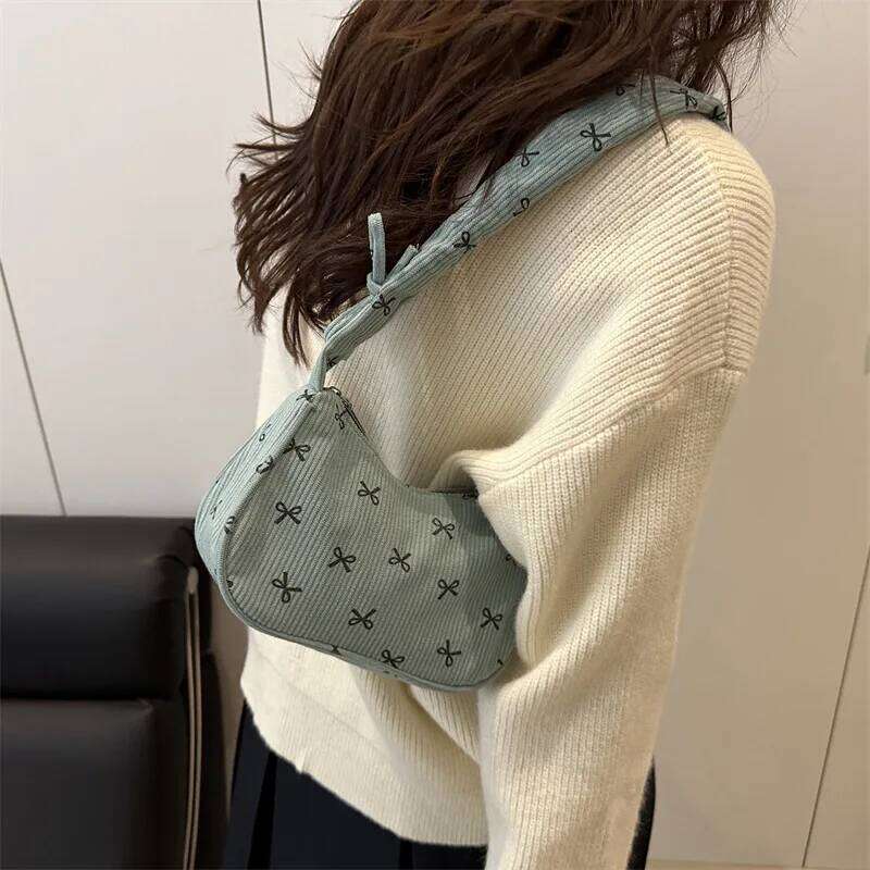 Casual Bow Women Corduroy Shoulder Bags Lightweight Portable Ladies Underarm Bag Saimple Female Pleated Strap Handbags Purse Y260205