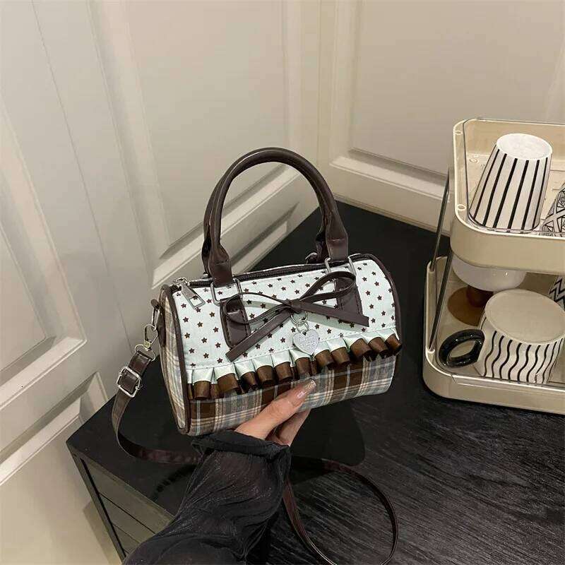 Sweet Bow Girls Crossbody Pillow Bags Versatile Vintage Plaid Ladies Shoulder Bag Lightweight Portable Women Handbag Purse Y260205