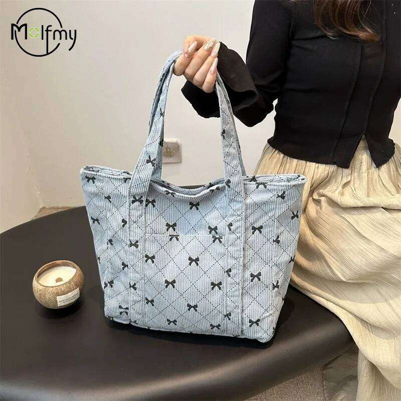 Corduroy Tote Bow Pattern Shoulder Bag Large Capacity Fashion Underarm Commuting Handbags Shopping Bags Eco-friendly Handbag Y260204