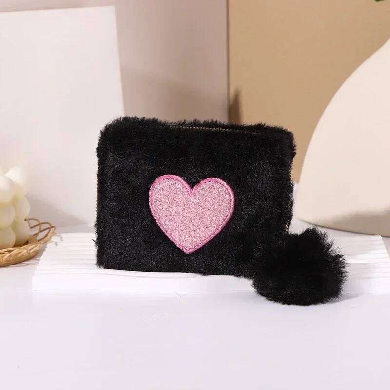 Girls Cute Plush Heart Print Children's Zipper with Holder Clutch Bag Mini Purse Coin Pouch Card Wallet Y260206